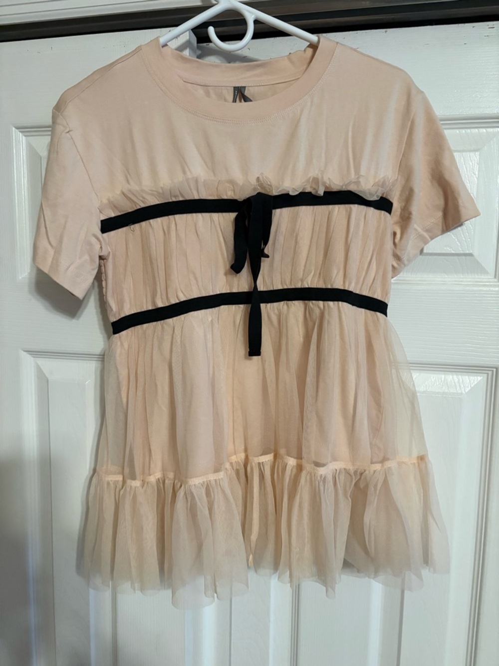 Anthropologie Blush Pink Tulle Trim Tee with Black Ribbon